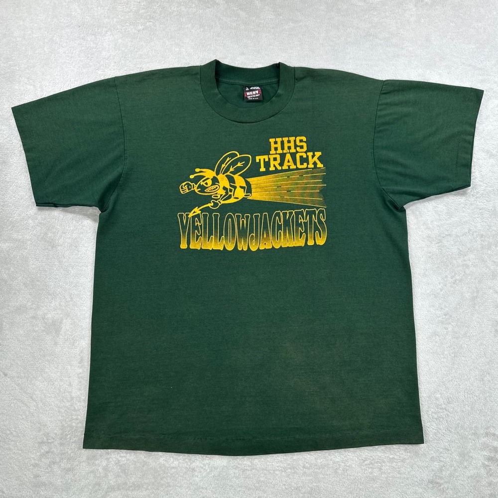 Vintage HHS Track Yellowjackets Shirt Men Large Green 90s Best Fruit of the Loom